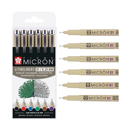 Pisaki Pigma Micron 01 Basic Colors, 6 szt.