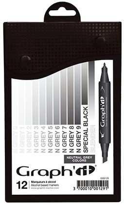 Neutral grey - szarości, zestaw markerów Graph'it, 12 kolorów