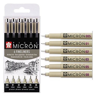 Set of 6, pisaki precyzyjne Pigma Micron, Sakura, 6szt