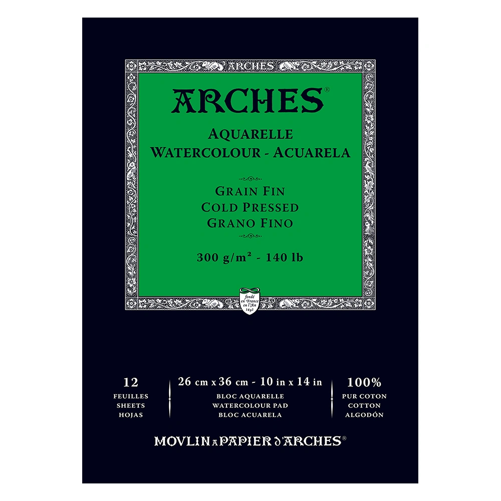 Arches, drobnoziarnisty blok do akwareli, 26 x 36 cm, 12 ark. 300